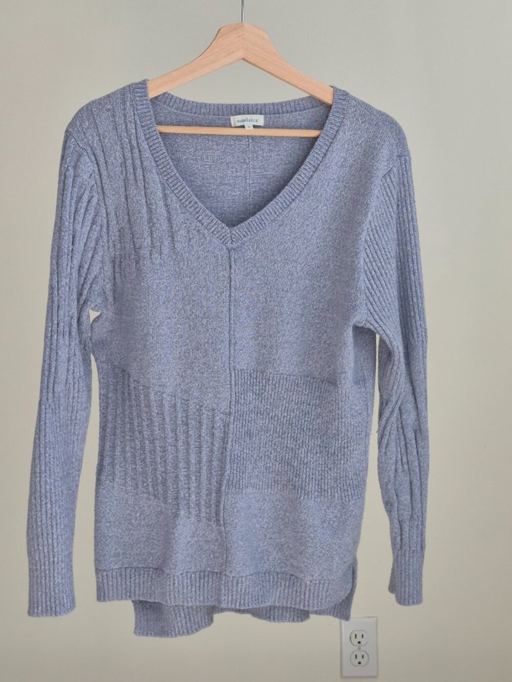 Sundance Womens M Blue Gray V Neck  Rib Knit Sweater Boho Pullover
